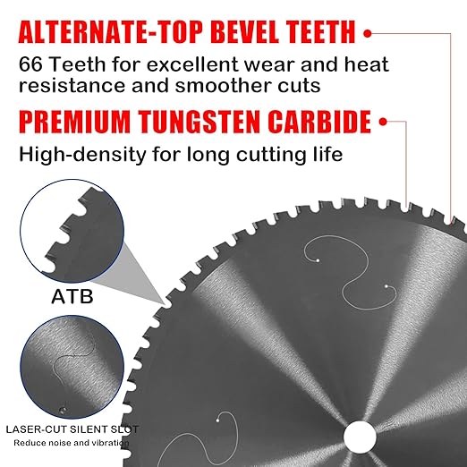 14" Miter Table Saw Blade, TCT Metal Cutting Saw Blades with 66T & 1" Arbor, Professional for Iron Steel Aluminum Stainless Steel Ferrous Metals