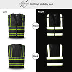 SKSAFETY 10 Pockets Safety Vest, Class 2 High Visibility Security with Zipper Back Mesh, Hi Vis Vest with Reflective Strips, ANSI/ISEA Standard, Construction Work Vest for Men ＆ Women （Black, L）