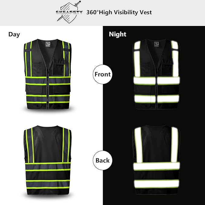 SKSAFETY 10 Pockets Safety Vest, Class 2 High Visibility Security with Zipper Back Mesh, Hi Vis Vest with Reflective Strips, ANSI/ISEA Standard, Construction Work Vest for Men ＆ Women （Black, 2XL）