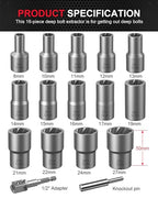 Kolvoii Deep Bolt Extractor Kit, 1/2" Drive Impact Bolt & Nut Remover Set, Lug Nut Removal Tool, 16 Pcs Stripped Extractor Socket Set for Removing Damaged, Rusted, Bolts, Nuts, Screws, 35#CR-MO