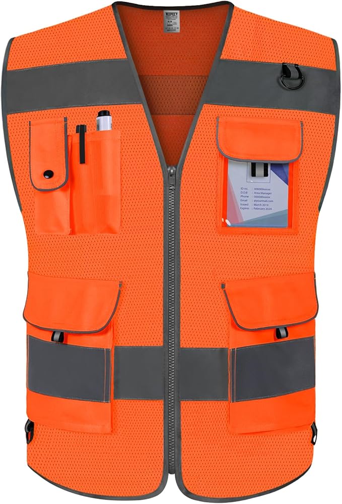 TCCFCCT Mesh Orange Safety Vest for Men Women 9 Pockets High Visibility Reflective Vest for Safety, Work Vest with Reflective Strips, Meets ANSI/ISEA Standards, Large