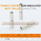 SVAAR 100PCS 14-12 Gauge Non Insulated Butt Connectors 14-12 AWG Uninsulated Butt Splice Connectors Crimp Repair Butt Splices Kit Tinned Copper Marine Grade Seamless Barrel Crimp Butt Splice Terminals