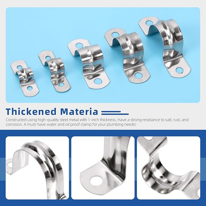 Glarks 50Pcs M8 Pipe Strap Clamp, 304 Stainless Steel 2 Hole Strap Heavy Duty Rigid Pipe Strap U Bracket Tube Strap Cable Clamp Hanger Tension Tube Clip for Pipe Tube Cable Fixing (40mm (1-1/2"))