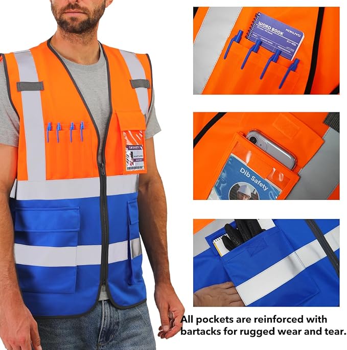Dib Safety Reflective Vest High Visibility with Pockets and Zipper, Orange and Blue 2XL