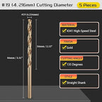 Drill Bit, #19 Cutting Diameter, 4341 HSS Gold Finish 135° Cutting Angle Number Jobber Bits - (Applications: for Drilling Soft Metal Plastic Wood), 5-Pieces