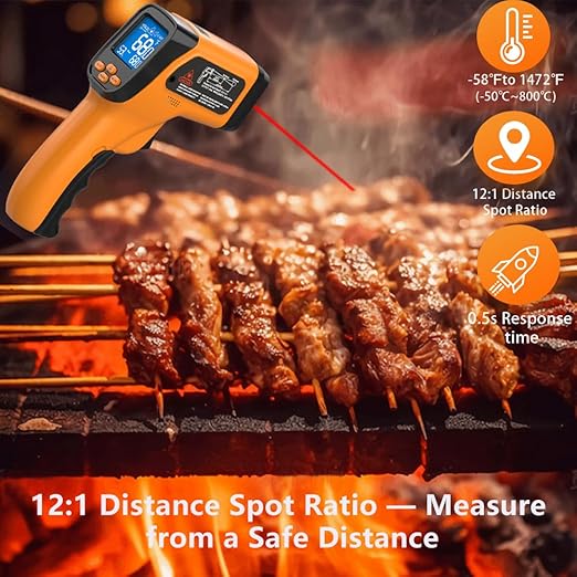 Infrared Thermometer Gun -58°F to 1472°F, 12:1 Laser Temperature Gun with -58°F to 572°F K-Type Probe, Dual-Mode Thermometer Guns Suitable for Cooking & Industry Measurements