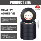 Treela 20 Rolls Electrical Tape 3/4 Inch Waterproof Vinyl Electrical Insulating Tape Flame Retardant Indoor Outdoor High Temperature Resistance Accessory for Wire and Cable(Black,66 ft)