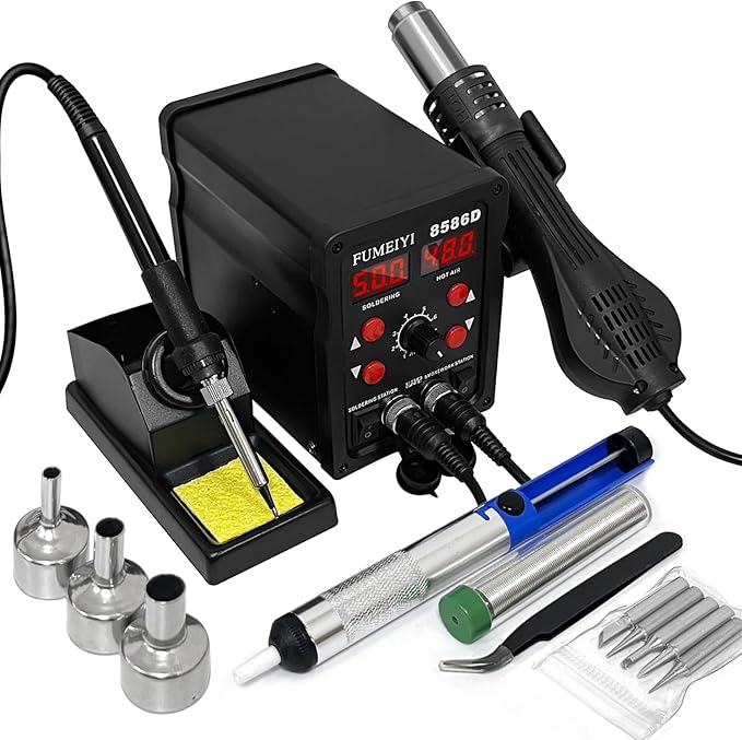 8586D Hot Air Soldering Iron Station Kit 2-IN-1 for Rework, Desoldering with Lead-Free Solder Wire, 5 Soldering Tips, 3 Hot Air Nozzles, Tweezers, Desoldering Pump。
