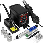 8586D Hot Air Soldering Iron Station Kit 2-IN-1 for Rework, Desoldering with Lead-Free Solder Wire, 5 Soldering Tips, 3 Hot Air Nozzles, Tweezers, Desoldering Pump。
