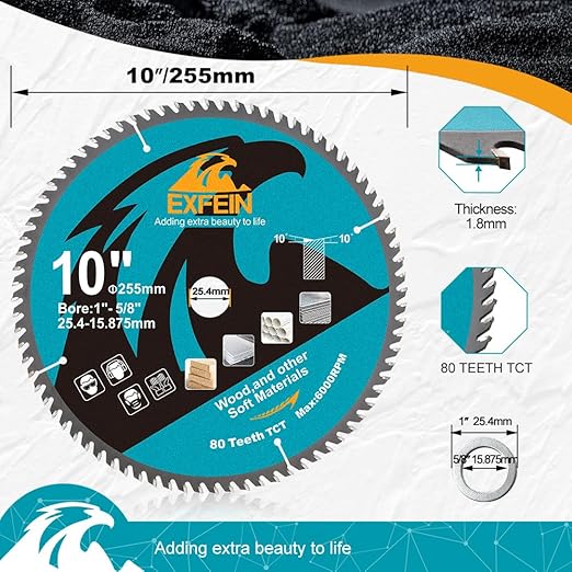 10 Inch Miter/Table Saw Blades 5pcs, 80 Teeth ATB TCT Fine Finish Wood Cutting Circular Saw Blade with 1 Inch Arbor