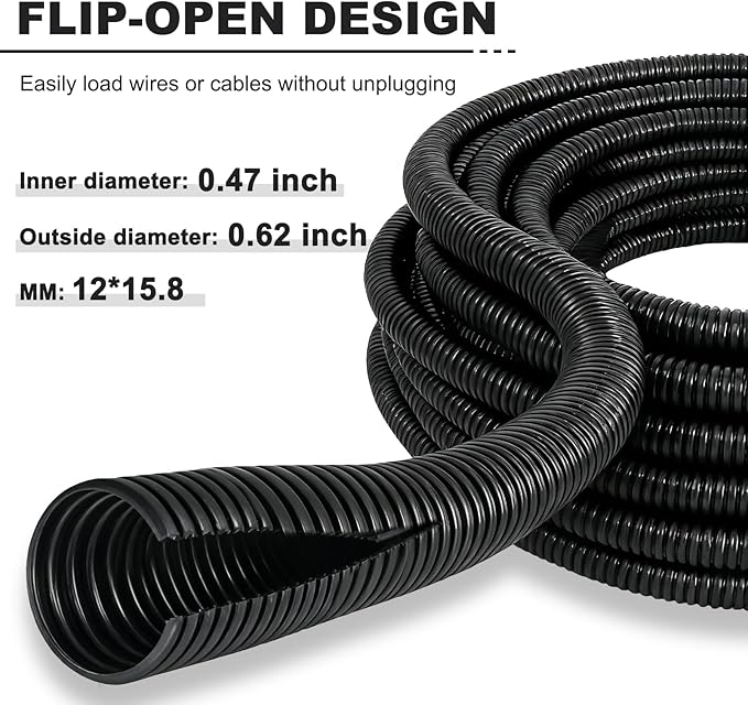 120FT 1/2 inch Split Wire Loom Tubing Kit with 2 Clamps - Flexible Abrasion Resistant Conduit for Automotive, Mechanical Cable Protection