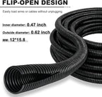 50FT 1/2 inch Split Wire Loom Tubing Kit with 2 Clamps - Flexible Abrasion Resistant Conduit for Automotive, Mechanical Cable Protection
