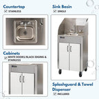 Ozark River Portable Sinks Elite PRO1, Free Standing Portable Concession Sink, Commercial Restaurant Portable Sink with Hot Water, Stainless Food Service Sink, White & Black Doors-Splashguard