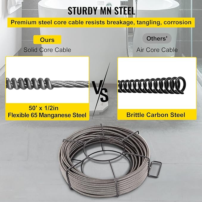 VEVOR Drain Cleaning Cable 50ft x 1/2 inch Solid Core Cable Sewer Cable, Drain Auger Cable Cleaner, Snake Clog Pipe Drain Cleaning Cable W/Four Shapes of Cutters