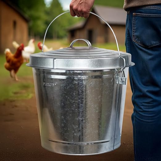 Plexon Metal Trash Can with Locking Lid Outdoor Storage Bucket for Bird Seed Ash Galvanized Steel 10-Gallon 2 Pack