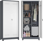 72.8" H Utility Closet Cabinet, Broom Closet Storage Cabinet with Locking Doors, Garage Tool Cabinets with Hanging Rod, Cleaning Storage Cabinets for Garage,Bedroom Office Grey&White