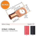SELTERM 10pcs - 2 Awg - 1/2" Stud - Battery Lugs - Ring Terminal Connectors | with 12pcs 3:1 Black & Red Heat Shrink Tubing with Adhesive | Heavy Duty Battery Cable Ends - Bare Copper Wire Lugs Kit