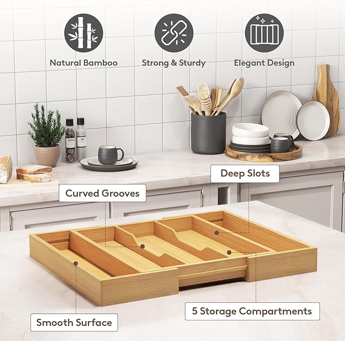 Lifewit Utensil Organizer for Kitchen Drawer, Expandable Cooking Utensil Tray, Bamboo Cutlery Silverware Flatware Holder, Adjustable Spatula Tools and Gadgets Storage Divider, Large, Natural