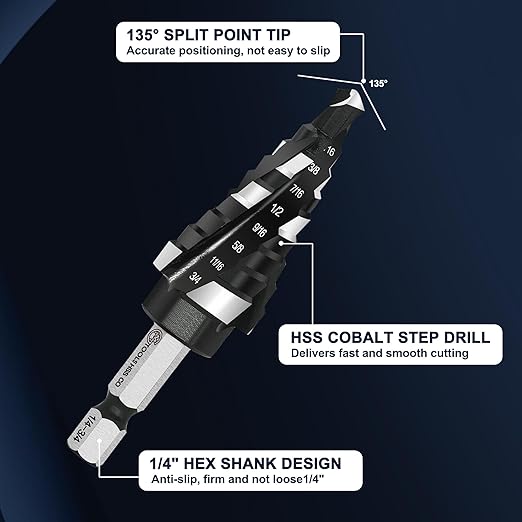 M35 Four Spiral Flute Cobalt Step Drill Bit Set 1/8"-7/8", Industrial Grade Wear-Resistant TiAlN Coated 1/4" Hex Shank Step Bit for Metal, Stainless Steel, Aluminum, Wood, Plastic (3pcs)