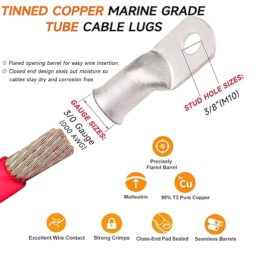 000 Gauge Tinned Copper Cable Lugs 8 PCS 3/0 AWG-3/8(M10) Ring Terminal Heavy Duty Wire Lugs Battery Lugs, 8 PCS 3/0 Guage terminals Battery Cable Ends Connectors with 8 PCS 3:1 Heat Shrink Tube
