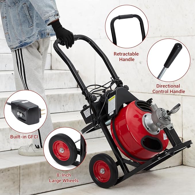 Auto Feed 100 FT x 1/2 Inch Drain Cleaner Machine with 250W Motor, Portable Sewer Snake Auger with 8 Cutters & Air-activated Foot Switch, Fits 1" to 4" Pipes, Black & Red