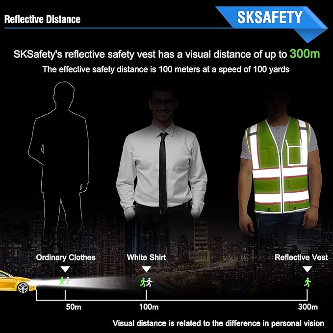 SKSAFETY 10 Pockets Safety Vest, Class 2 High Visibility Security with Zipper, Hi Vis Vest with Reflective Strips, ANSI/ISEA Standard, Construction Work Vest for Men ＆ Women （Lime, 5XL）