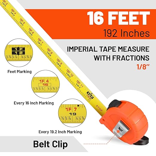 ValueMax Tape Measure 16FT with Fractions 1/8, 3 Pack Retractable Easy Read Measuring Tape, Imperial Pocket Measurement Tape with Metal Belt Clip for Construction, Contractor, Carpenter, Woodworking