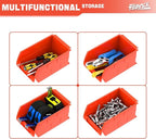 TORACK Wall-Mounted Storage Bins - 8 Plastic Bins & 2 Metal Tracks for Tools Organization in Garage, Craft Room, and Shop(Orange)