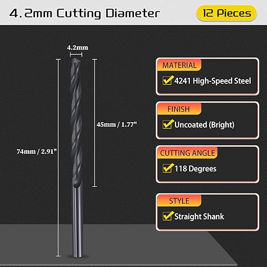 Drill Bit, 4.2mm Cutting Diameter, 4241 HSS Nitriding Black 118° Cutting Angle Versatile Jobber Bits - (Applications: for Drilling Plastic Wood Soft Metal), 12-Pieces