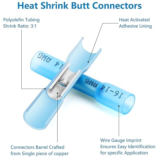 120 Pcs Heat Shrink Butt Connectors, AWG16-14 Waterproof Insulated Electrical Wire Connectors, Crimp Connectors Butt Splice Terminal for Automotive Marine Boat Truck Trailer Stereo (Blue)