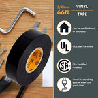 GTSE Black PVC Electrical Insulation Vinyl Tape - ¾ in x 66ft - Triple Pack - 3 Rolls of Premium Tape