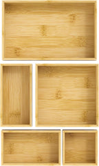 Bamboo Drawer Organizer Set, 5 PCS Multi-use Varied Sizes Junk Drawer Organizer Kitchen Storage Box for Office, Home, Bedroom, Bathroom, Bamboo