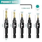 5PCS Countersink Drill Bit Set, Professional Brocas para Madera - Adjustable Wooden Drill Bit Set, Used for Wood Countersink Drill Bit with Depth Stop