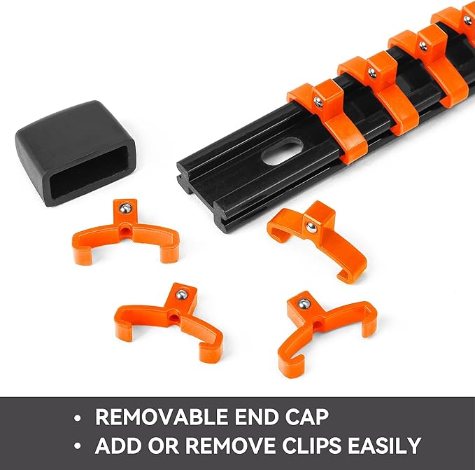 ALOANES 12 PC ABS Socket Organizer,1/2 inch, 3/8 inch, and 1/4 inch Drive Socket Rail Holders, Heavy Duty Socket Racks, Black Rails with Orange Clips
