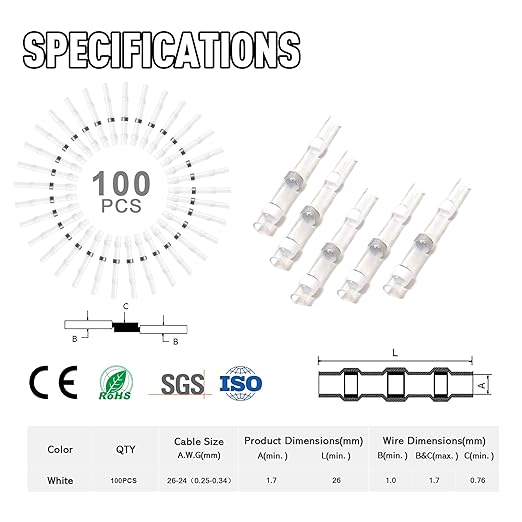 Kuject 100PCS Solder Seal Wire Connectors AWG 26-24, White Solder Seal Heat Shrink Butt Connectors Terminals Waterproof Wire Splice Connector for Marine Boat Wire Joint
