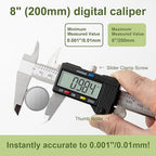 Digital Caliper 0-8" Measuring Tool with Metal Ruler, Micrometer Caliper with Auto-Off Feature, Interchangeable Between inches and millimeters for DIY/Household and 3D Printing, Black
