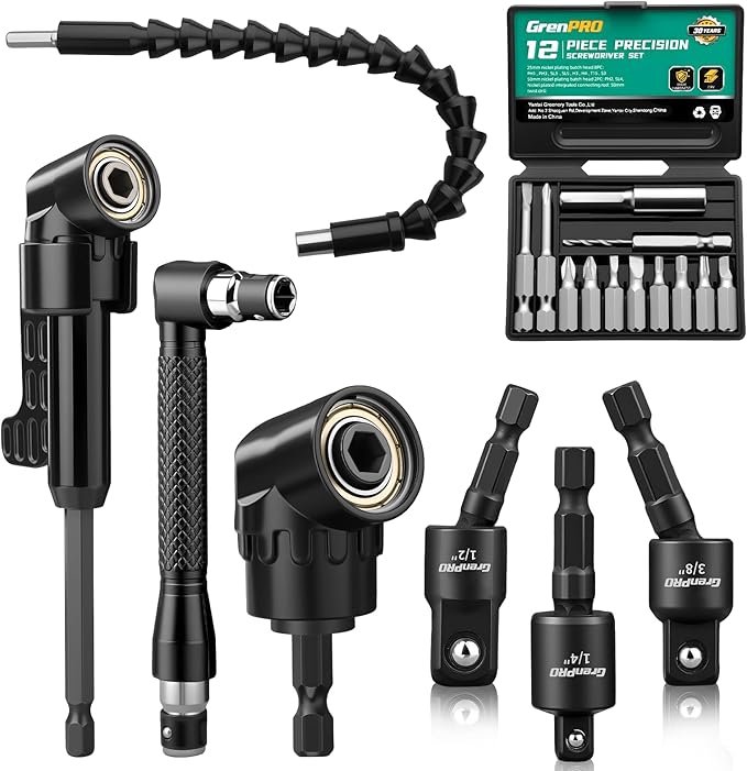 19 Pcs Flexible Drill Bit Extension Kit, Includes 2 Pcs 105° Right Angle Drill Attachment, 3 Pcs Rotatable Socket Adapter, 10+2 Pcs Screwdriver Bits & Bendable Extension for Tight Spaces