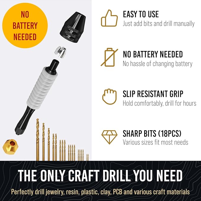 Pin Vise Hand Drill Manual - Jewelry w/Micro Drill Bits (0.8mm-2.5mm) - Rotary Craft Drill for Jewelry Making, Resin, Wood, Plastic, Miniature, Beads, Clay Etc