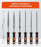 7'' Needle File Set - Carbon Steel 6-Piece With Handles, Hardened Alloy Strength Steel - Includes Flat, Flat Warding, Square, Triangular, Round, and Half-Round Files