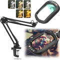 10X Rectangle Magnifying Glass with Light, 5 Color Modes Stepless Dimmable Magnifier with Stand, LED Lighted Clamp Desk Lamp with Swing Arm, Hands Free for Reading Painting Crafts Close Work
