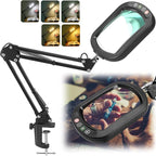 10X Rectangle Magnifying Glass with Light, 5 Color Modes Stepless Dimmable Magnifier with Stand, LED Lighted Clamp Desk Lamp with Swing Arm, Hands Free for Reading Painting Crafts Close Work