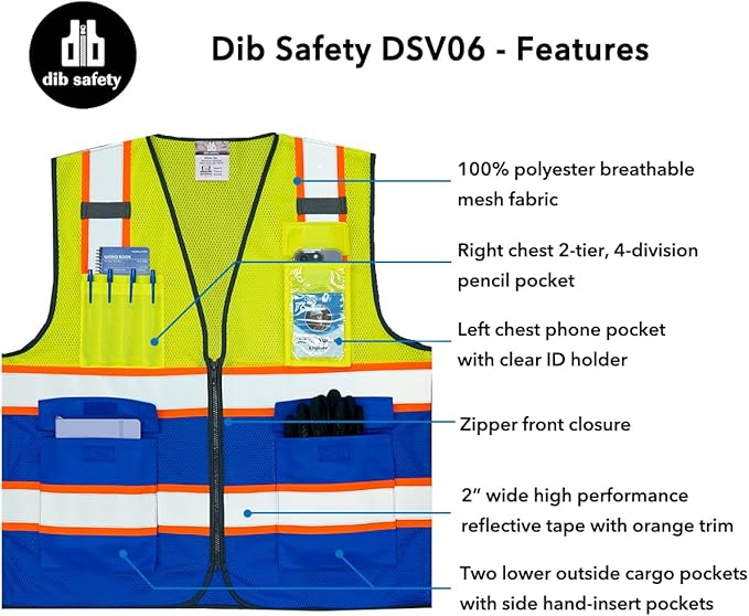 Dib Safety Reflective Mesh Vest High Visibility Two Tone with Pockets and Zipper, Yellow and Blue Mesh with Orange Trim 4XL