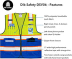 Dib Safety Reflective Mesh Vest High Visibility Two Tone with Pockets and Zipper, Yellow and Blue Mesh with Orange Trim M