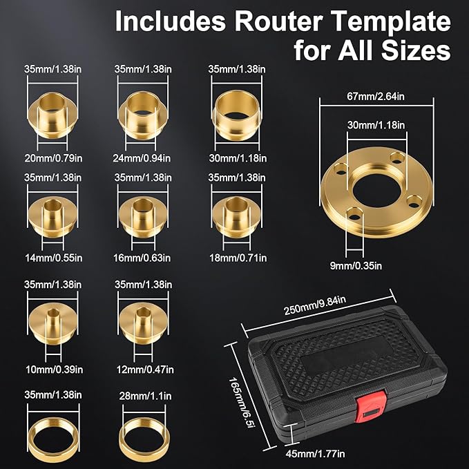 11Pcs Brass Router Bushing Guide Set, Router Template Guide with Lock Nut Adapter, Compatible with Porter Cable Style Router Sub-Bases, for Dovetailing, Cut Out Work & Woodworking Router Accessories
