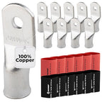 SELTERM 10pcs - 2/0 Awg - 1/4" Stud - Battery Lugs - Ring Terminal Connectors with 12pcs 3:1 Black & Red Heat Shrink Tubing with Adhesive | Heavy Duty Battery Cable Ends - Tinned Copper Wire Lugs Kit