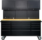 CT Copper Tailor 72-inch Rolling Tool Chest with Integrated Power Strip,15 Drawers and Wheels, Garage Workbench with Storage, 3 Upper Cabinets, Pegboard in Matte Black