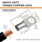 SELTERM 2pcs 4 AWG 3/8" Stud (Wide Pad) Tinned Copper Wire Lugs, Battery Lugs, Ring Terminals, Battery Cable Ends, 4 Guage Ring Terminal Connectors, UL Marine Grade Battery Terminal Connectors