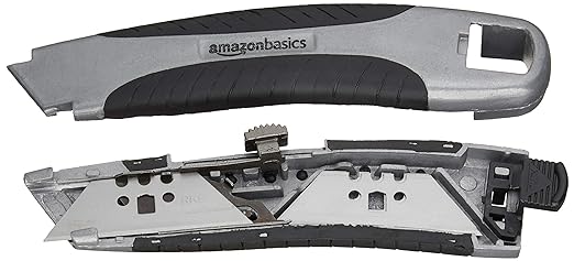 Amazon Basics Soft Grip Retractable Utility Knife with 3 Blades, Black/Silver