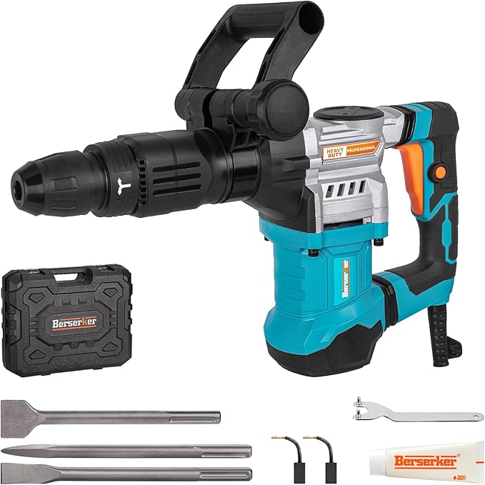 Berserker 1300W 16-Pound SDS-Max Demolition Jack Hammer, 1-9/16" 11-Amp Small Corded Electric Demo Chipping Hammer for Floor Tile Removal, Concrete Breaker with Carrying Case & 3 Chisels