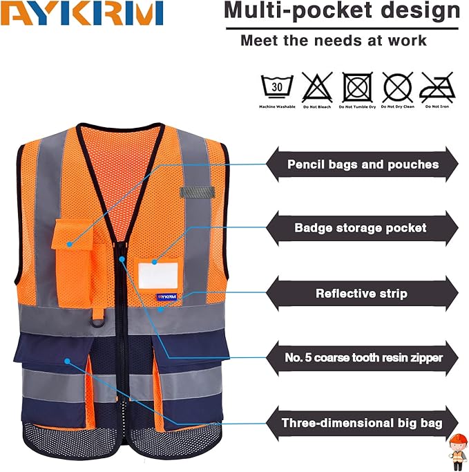 A-SAFETY High Visibility Mesh Safety Reflective Vest with Pockets and Zipper,Hi Vis Viz Reflective Safety Vest(Orange&Navy Mesh XL)